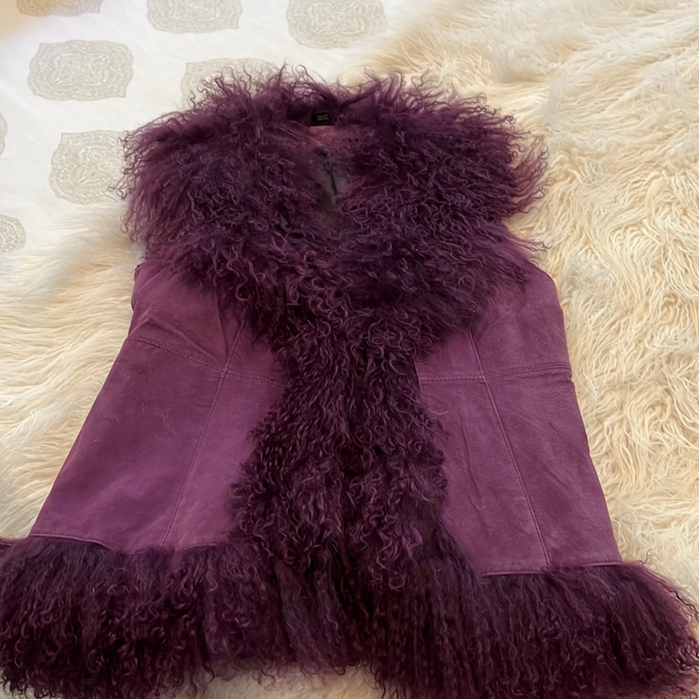 Suede vest with Mongolian fur trim